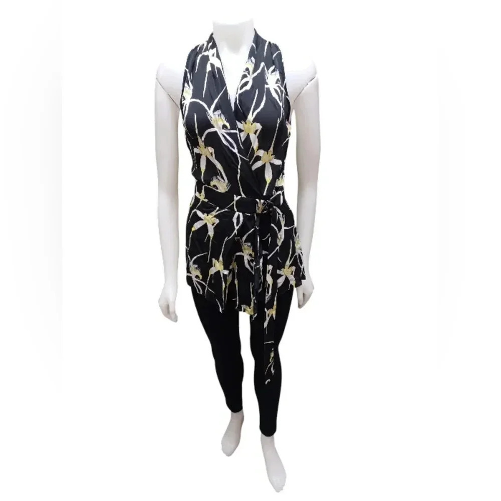 Ginger & Smart EUC 100% Silk Black and Yellow Wrap Style Tunic Size 6